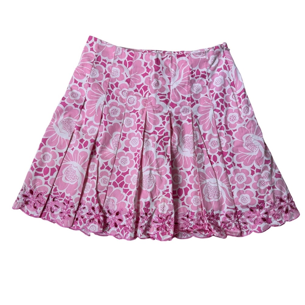 Lilly Pulitzer Girls Pink White Floral Pleated Eyelet Hem Skirt Size 8